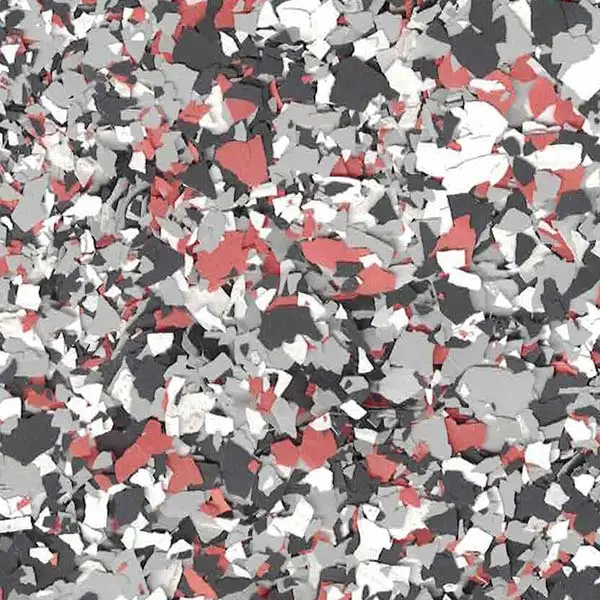 A textured pattern of random multicolored flakes in red, black, white, and gray hues, evenly distributed across the surface.