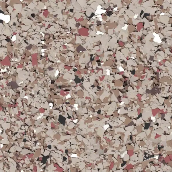 Close-up of scattered, irregularly shaped flakes in beige, brown, and red hues, creating a textured, abstract pattern resembling a stone-like surface.